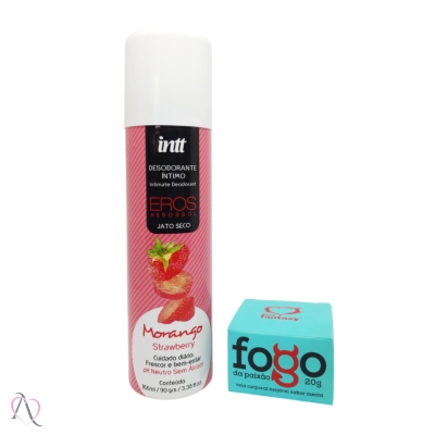 Kit Cuidados - 1 Desodorante Íntimo de Morango e 1 Vela Beijável Sabor Menta Kit Cuidados - 1 Desodorante Íntimo de Morango e 1 Vela Beijável Sabor Menta
