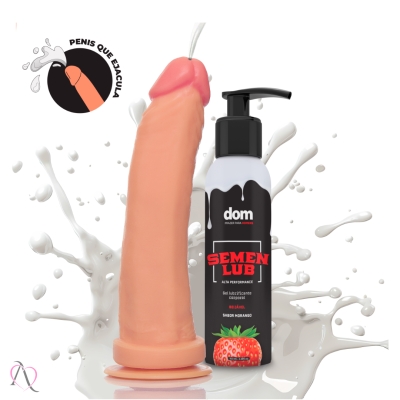 Prótese de Pênis que Ejacula 18,5x4,5cm e Lubrificante Beijável Semen Lub Morango 100ml Prótese de Pênis que Ejacula 18,5x4,5cm e Lubrificante Beijável Semen Lub Morango 100ml