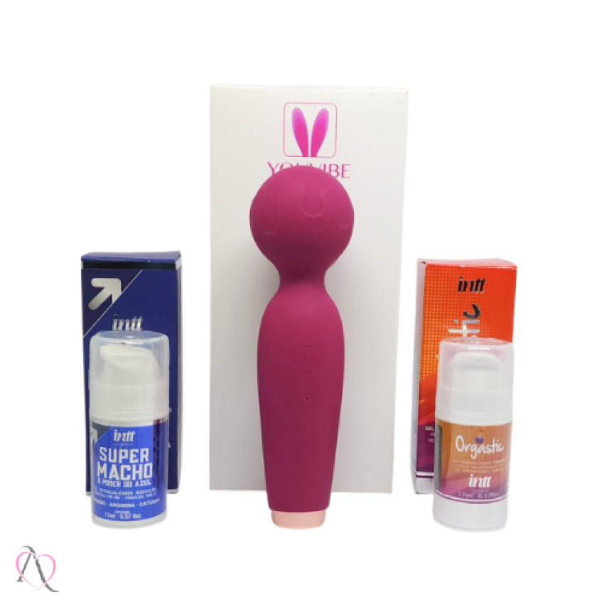 Kit Super Orgastic - 1 Estimulante Masculino Super macho, 1 Estimulante Feminino Orgastic e 1 Vibrador Varinha Mágica