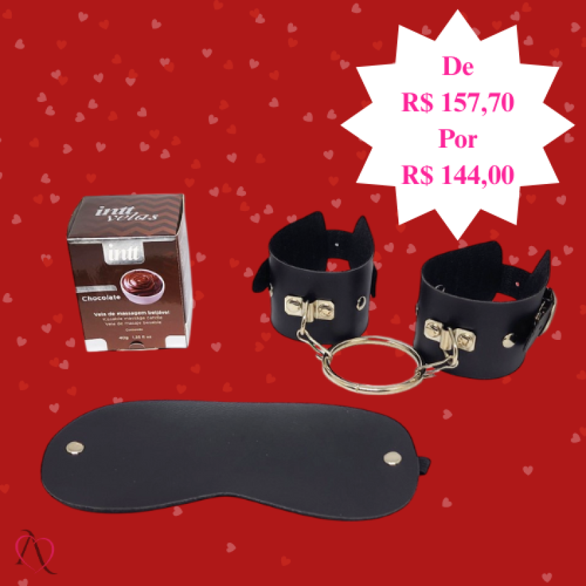 Kit Novas Experiências - 1 Vela Beijável de Chocolate, 1 Algema de Couro e 1 Venda Tapa Olho