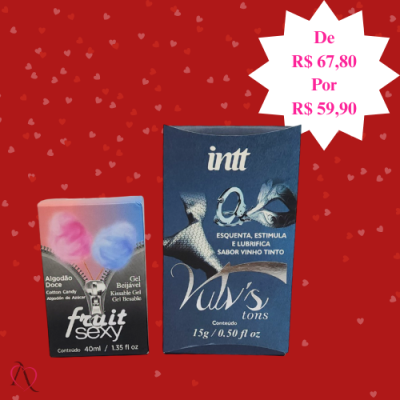 Kit Noite Maravilhosa - 1 Excitante Feminino Vulv's Sabor Vinho e 1 Gel para Oral Fruit Algodão Doce Kit Noite Maravilhosa - 1 Excitante Feminino Vulv's Sabor Vinho e 1 Gel para Oral Fruit Algodão Doce