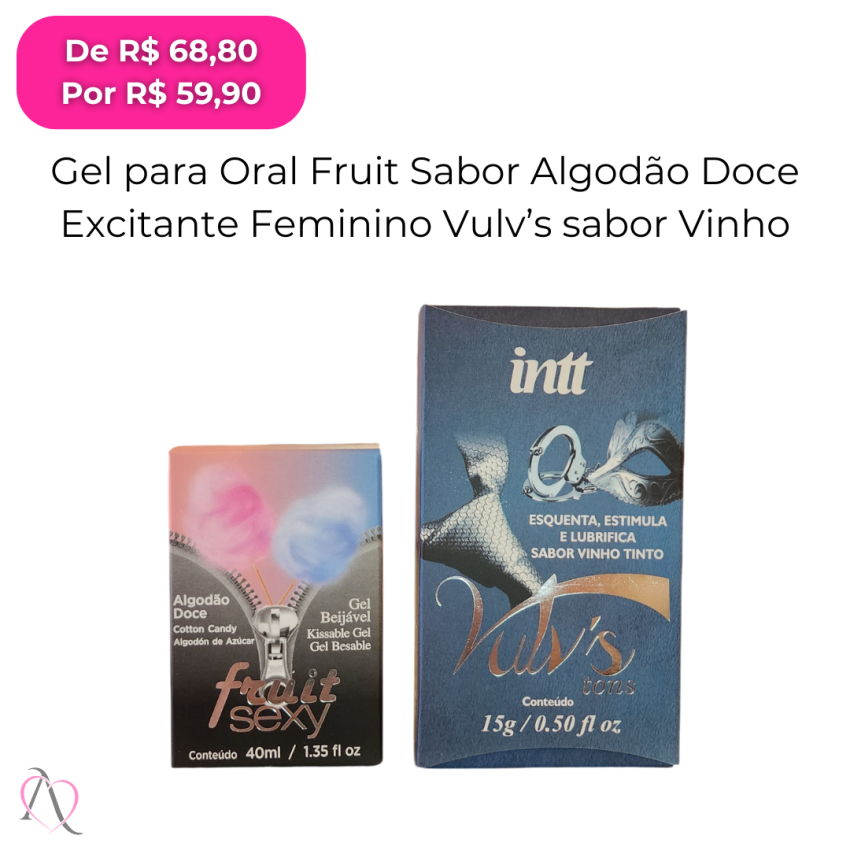 Kit Noite Maravilhosa - 1 Excitante Feminino Vulv's Sabor Vinho e 1 Gel para Oral Fruit Algodão Doce