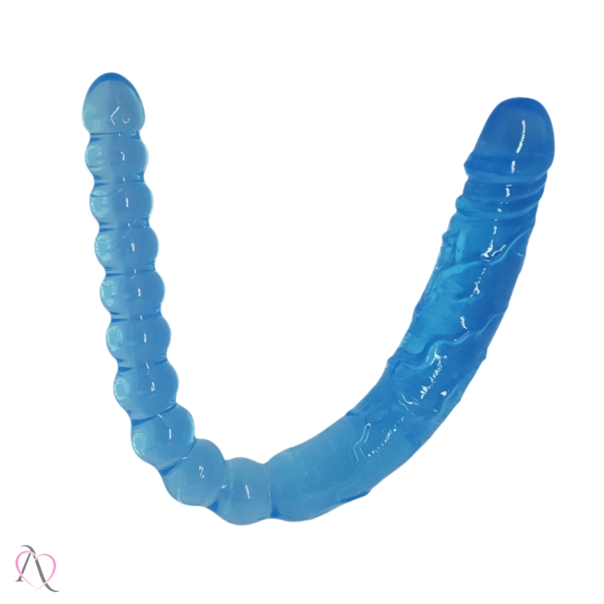 Pênis duplo em Silicone Azul com Esferas