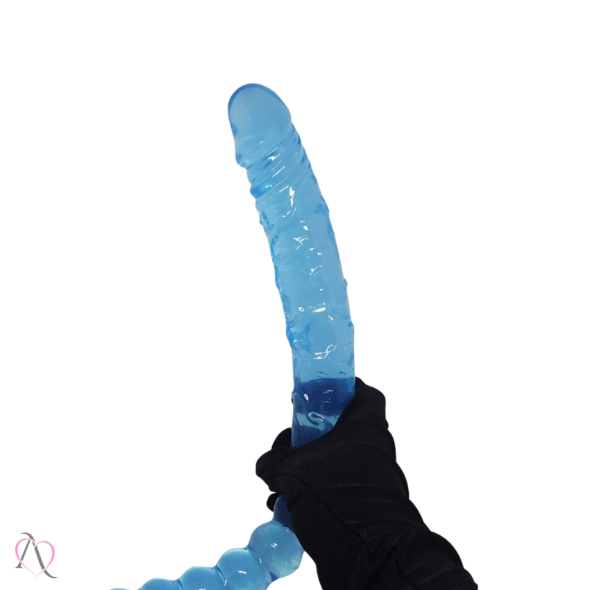 Pênis duplo em Silicone Azul com Esferas