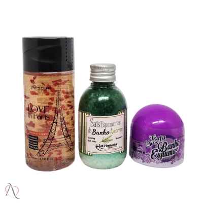 Kit Hidromassagem - 1 Sabonete Líquido Love in Paris, 1 Trufa Sais de Banho e 1 Sais de Banho Espumante Alecrim Kit Hidromassagem - 1 Sabonete Líquido Love in Paris, 1 Trufa Sais de Banho e 1 Sais de Banho Espumante Alecrim