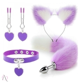 Plug anal Pequeno com Rabo Kit Com Tiara, Grampo de mamilo e coleira