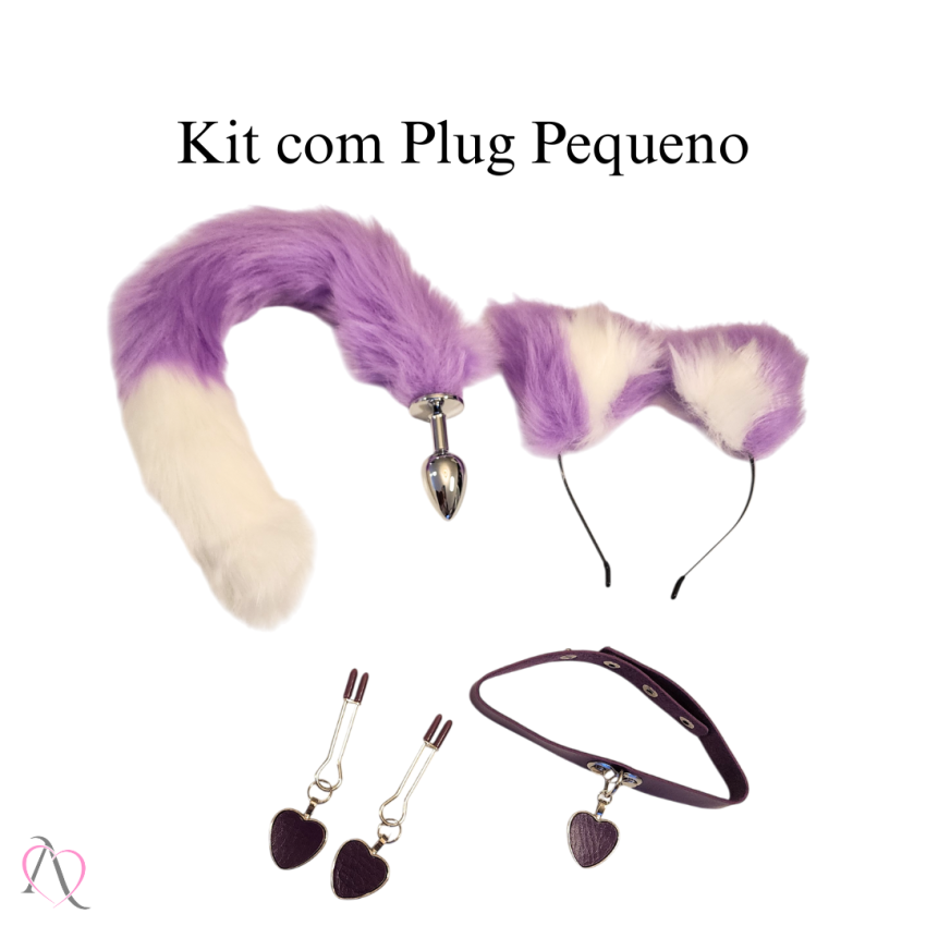 Kit Plug anal Pequeno com Rabo, Tiara, Grampo de mamilo e coleira