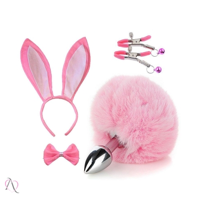 Kit Plug Anal Pequeno Rabo de Coelho com Tiara, Grampo de Mamilo e Gravatinha Rosa Kit Plug Anal Pequeno Rabo de Coelho com Tiara, Grampo de Mamilo e Gravatinha Rosa