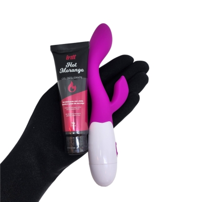 Kit Casal Iniciante - 1 Vibrador Penetrável Brighty à pilha e 1 Lubrificante Beijável Sabor Morango que Esquenta 50g