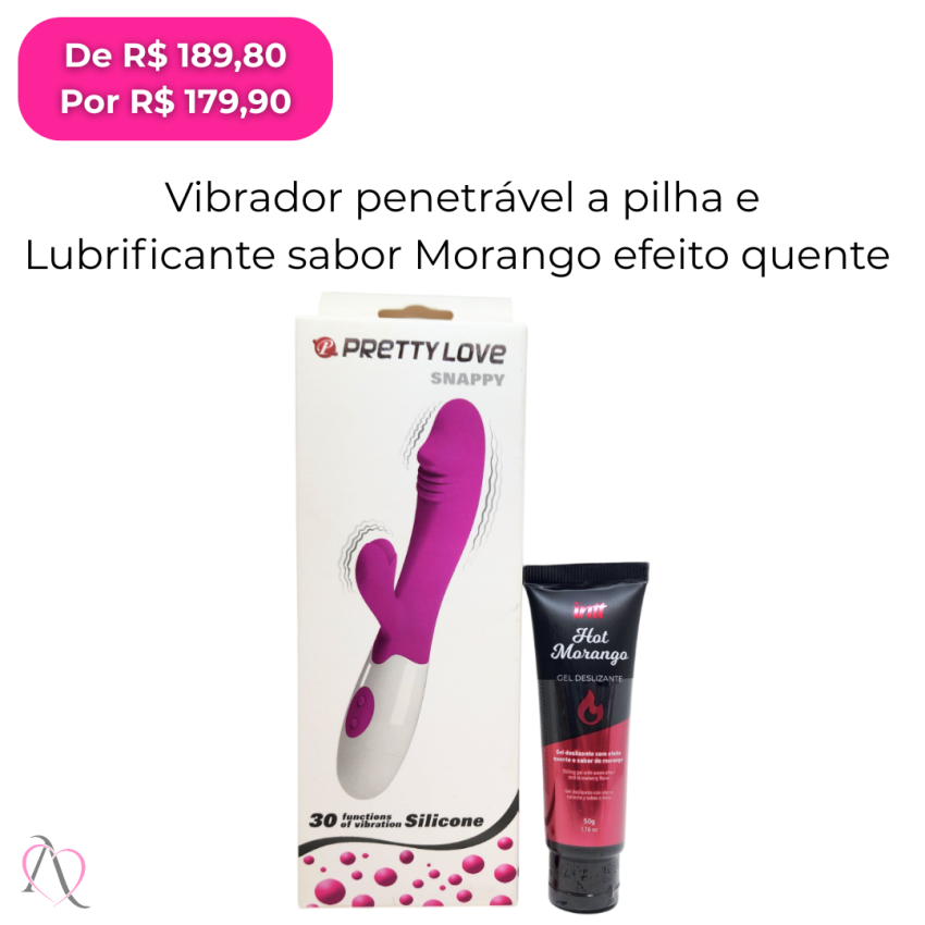 Kit Casal Iniciante 2 - 1 Vibrador Penetrável Snappy à pilha e 1 Lubrificante Beijável Sabor Morango que Esquenta 50g