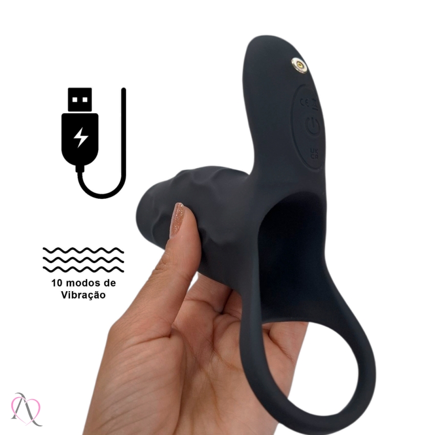 Capa Peniana com Anel e Vibrador Estimulador de Clitóris Cor Preto com 10 Modos de Vibração