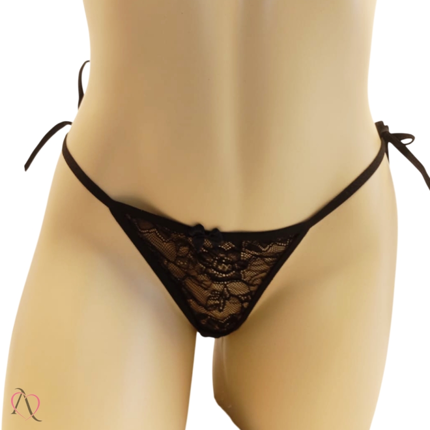 Calcinha Fio em Renda com Cintura de Amarrar Tamanho Único cor Preto - Y7106