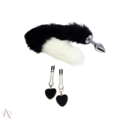 Kit Plug Anal P com Rabo, Grampo de Mamilo, Tiara e Gargantilha cor Preto