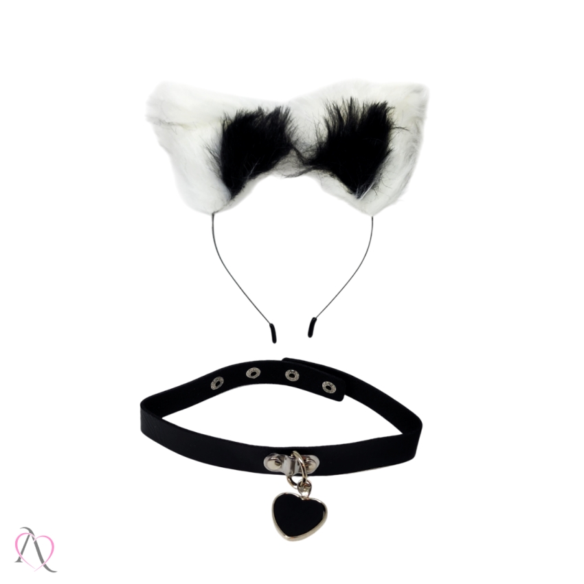 Kit Plug Anal P com Rabo, Grampo de Mamilo, Tiara e Gargantilha cor Preto