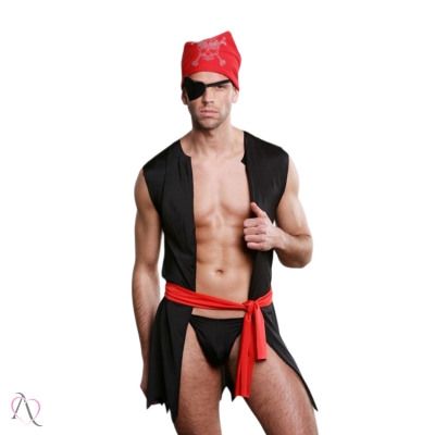 Fantasia Masculina Pirata Com Cueca Fio, Colete com Faixa, Tapa Olho e Bandana - Tamanho Único